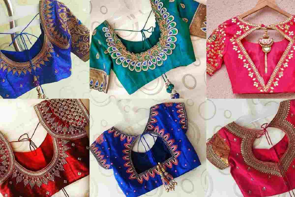 Silk Saree Simple Aari Work Blouse Designs
